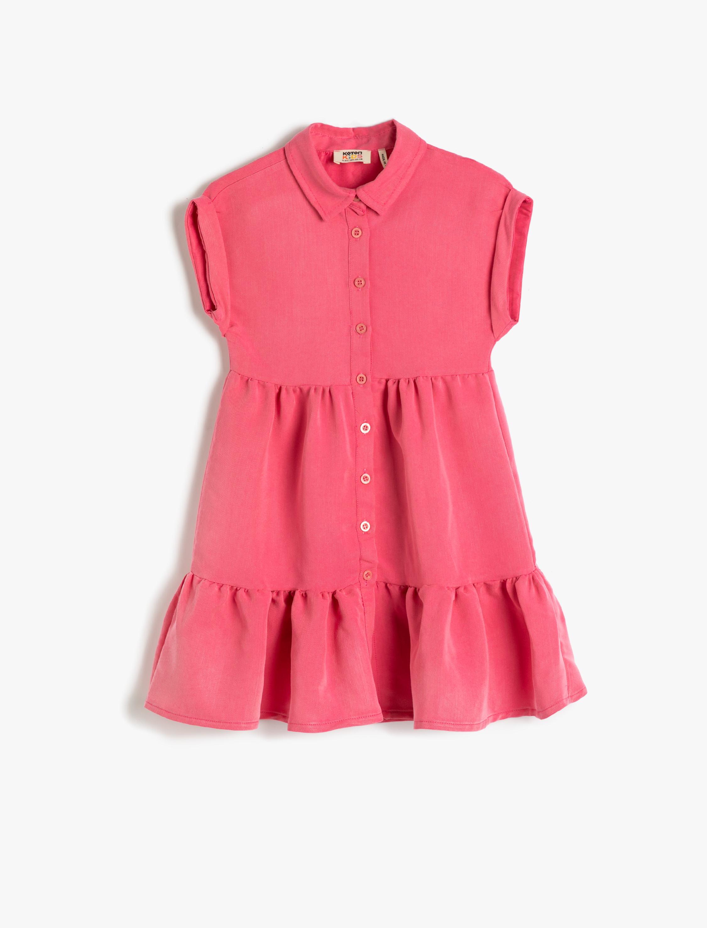  Kız Çocuk Elbise Gömlek Yaka Kısa Kollu Düğmeli Fırfırlı Modal Kumaş