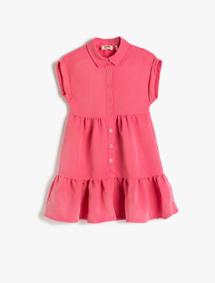 Kız Çocuk Elbise Gömlek Yaka Kısa Kollu Düğmeli Fırfırlı Modal Kumaş