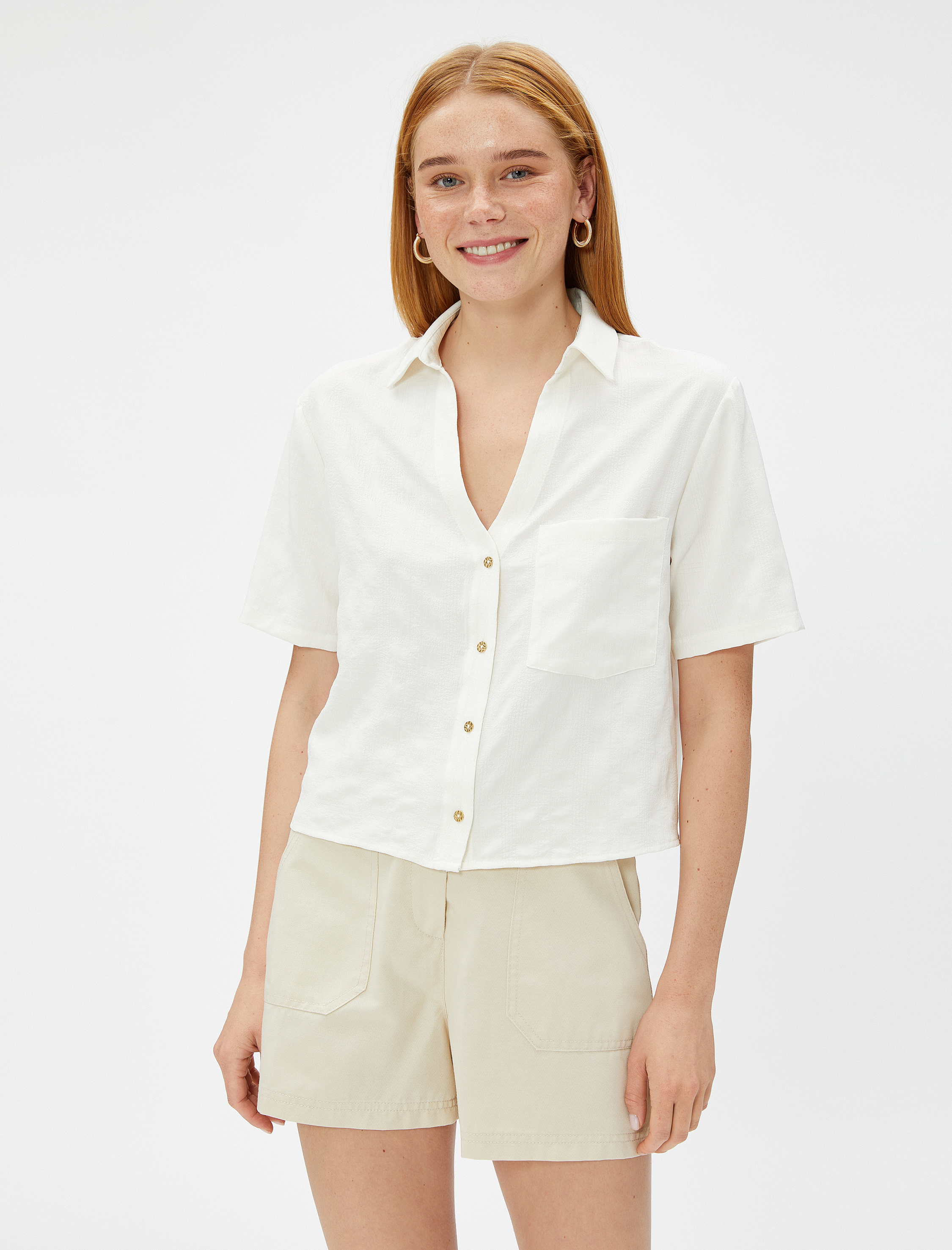   Crop Gömlek Kısa Kollu Cepli