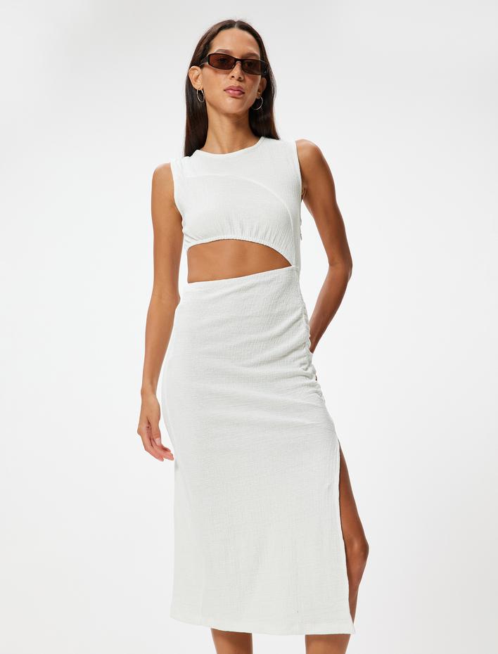  Pencere Detaylı Midi Elbise Kolsuz Yuvarlak Yaka Yırtmaç Detaylı Bürümcük