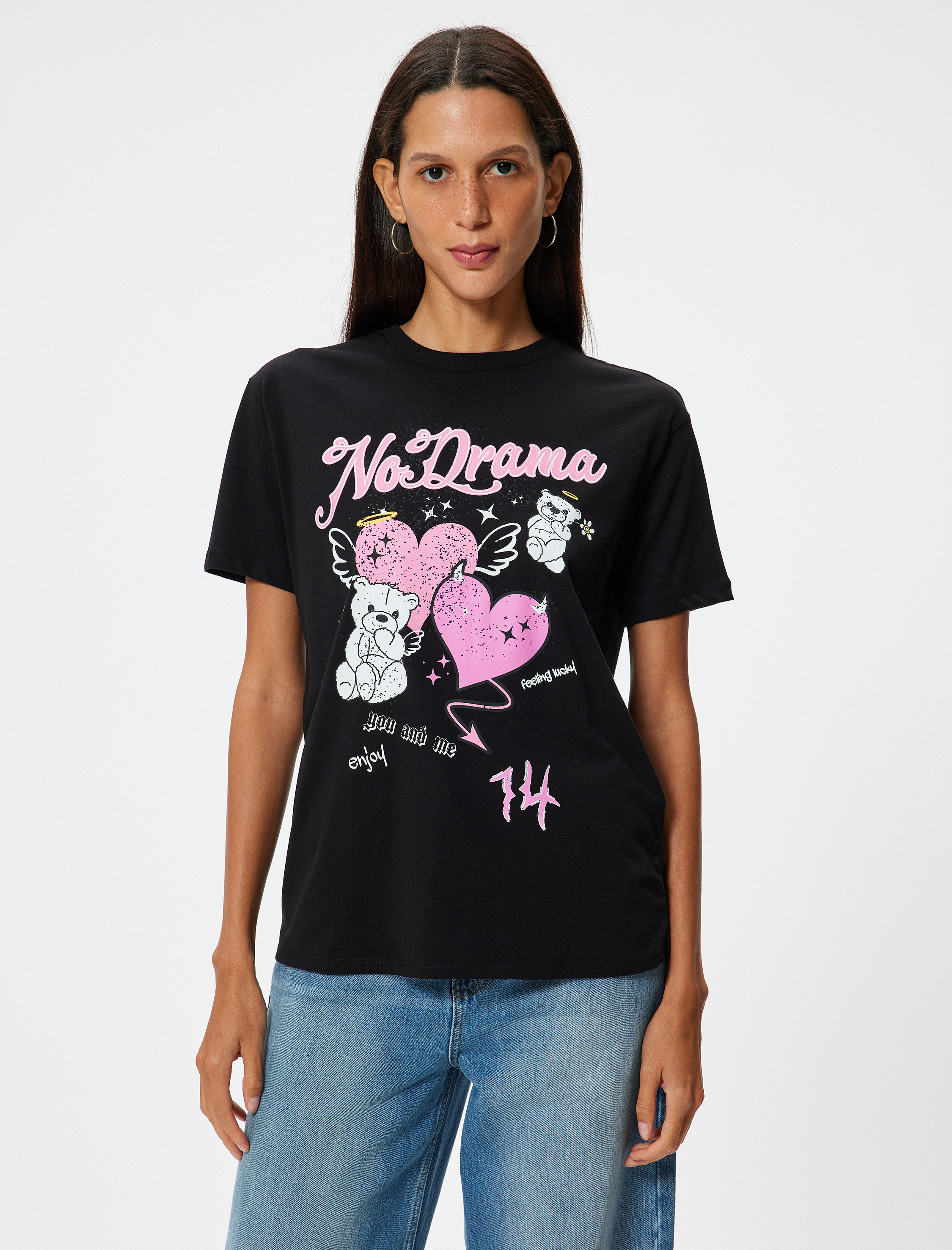   Ayıcıklı Tişört Kısa Kollu Bisiklet Yaka Rahat Kalıp Pamuklu