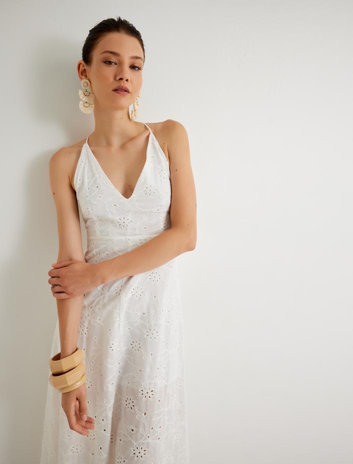  Koton X Melis Ağazat - Uzun Halter Yaka Fisto Elbise Astarlı Pamuklu