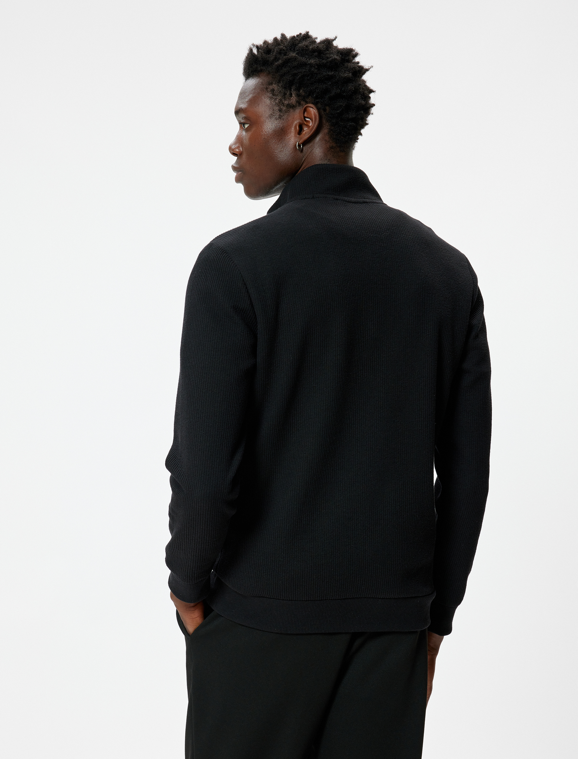   Yarım Fermuarlı Dokulu Pamuk Karışımlı Basic Uzun Kollu Sweatshirt