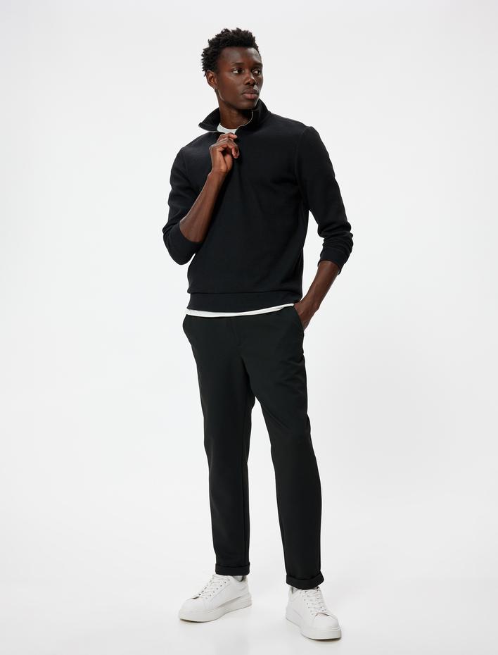  Yarım Fermuarlı Dokulu Pamuk Karışımlı Basic Uzun Kollu Sweatshirt