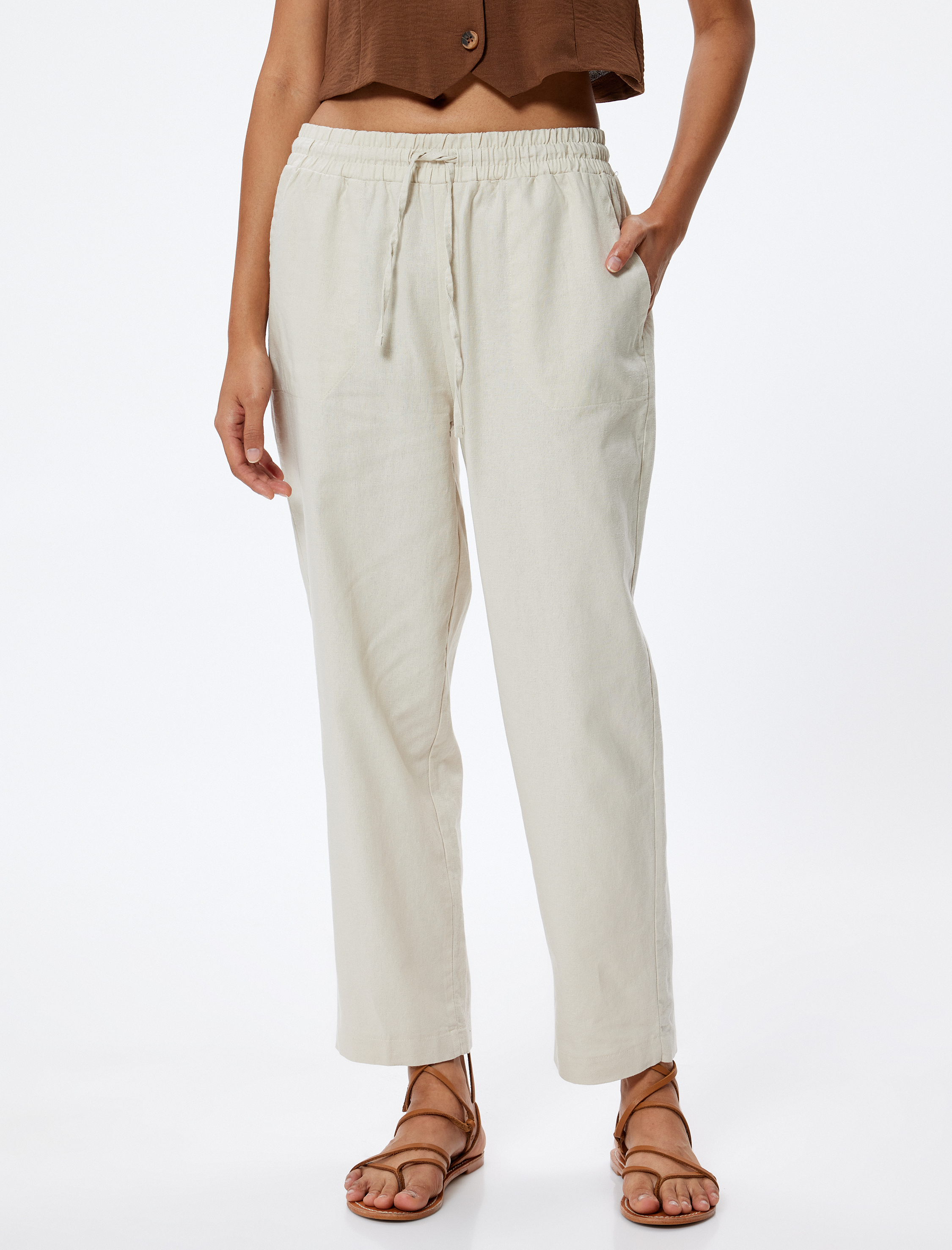   Keten Pantolon Yüksek Bel Cepli Havuç Kesim Bol Kalıp