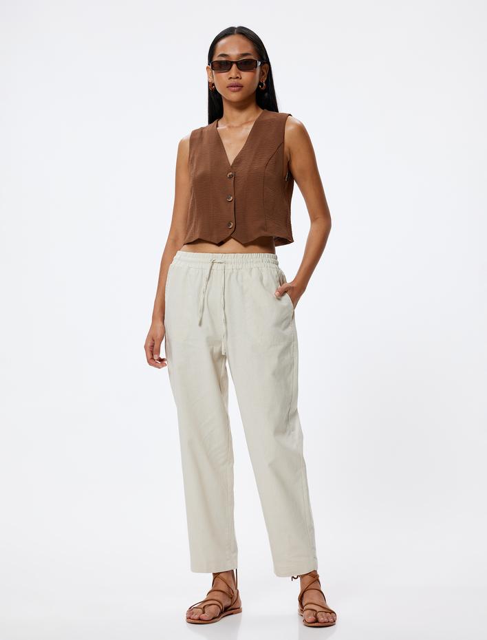  Keten Pantolon Yüksek Bel Cepli Havuç Kesim Bol Kalıp