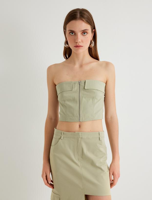 Koton X Sima Tarkan - Crop Straplez Üst Fermuarlı Kat Detaylı Slim Fit_2