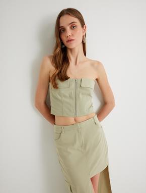 Koton X Sima Tarkan - Crop Straplez Üst Fermuarlı Kat Detaylı Slim Fit