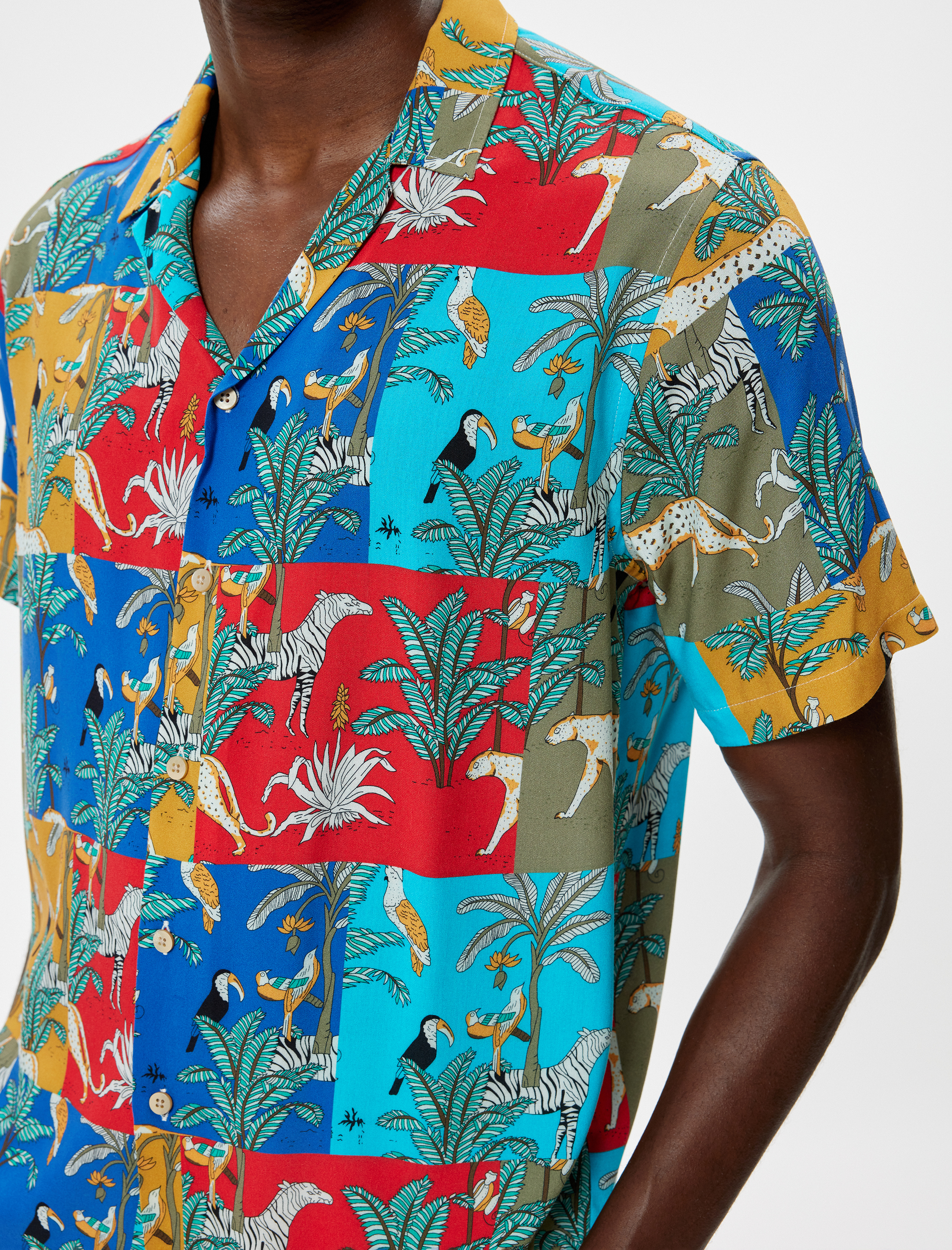   Desenli Gömlek Kısa Kollu Çok Renkli Düğmeli Viskon Regular Fit