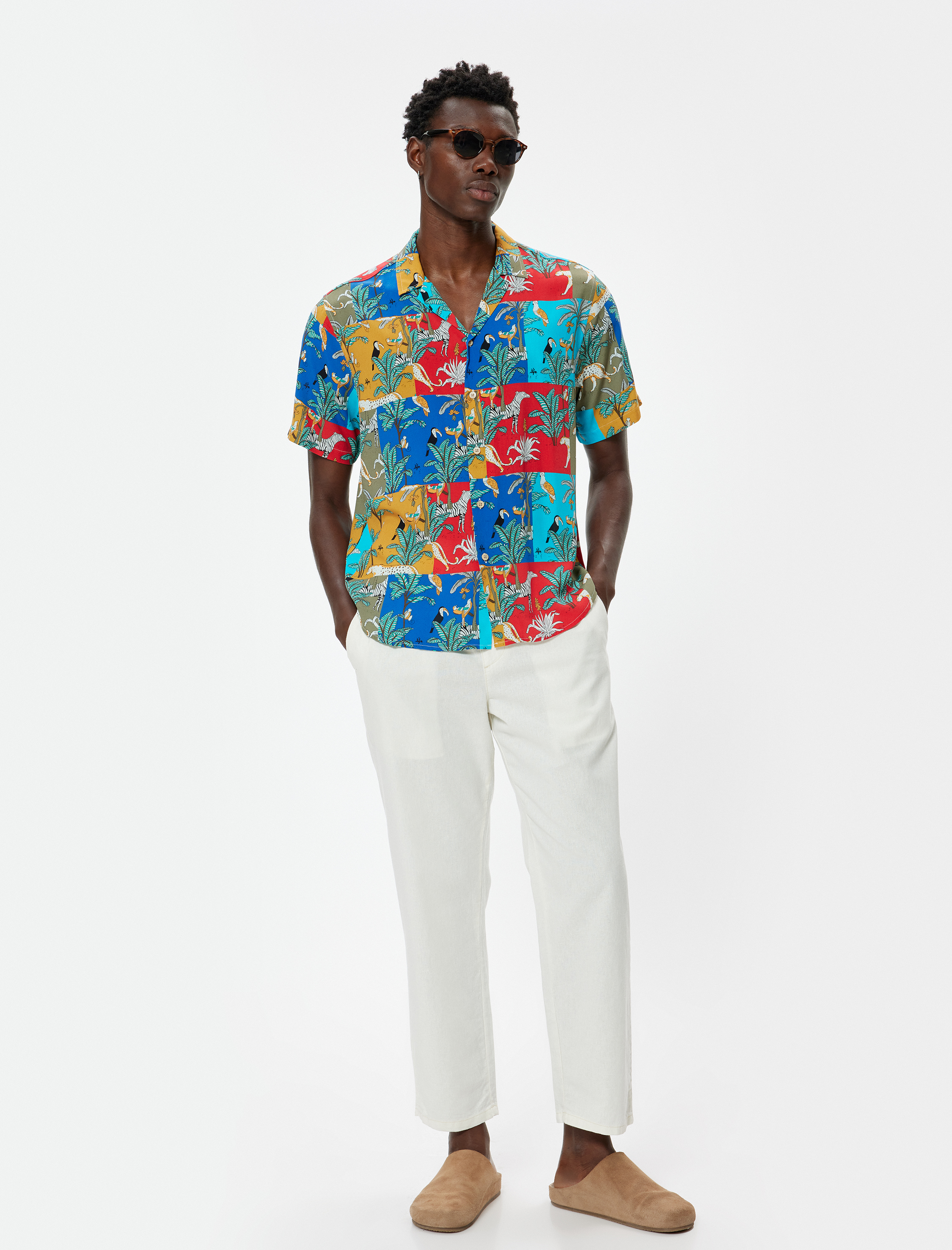   Desenli Gömlek Kısa Kollu Çok Renkli Düğmeli Viskon Regular Fit