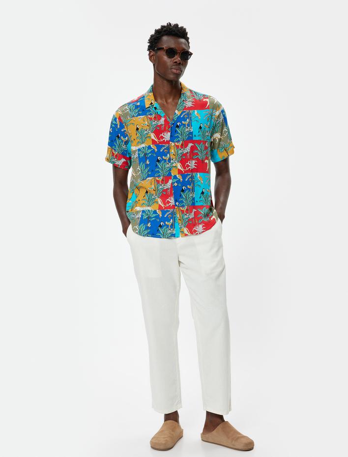  Desenli Gömlek Kısa Kollu Çok Renkli Düğmeli Viskon Regular Fit