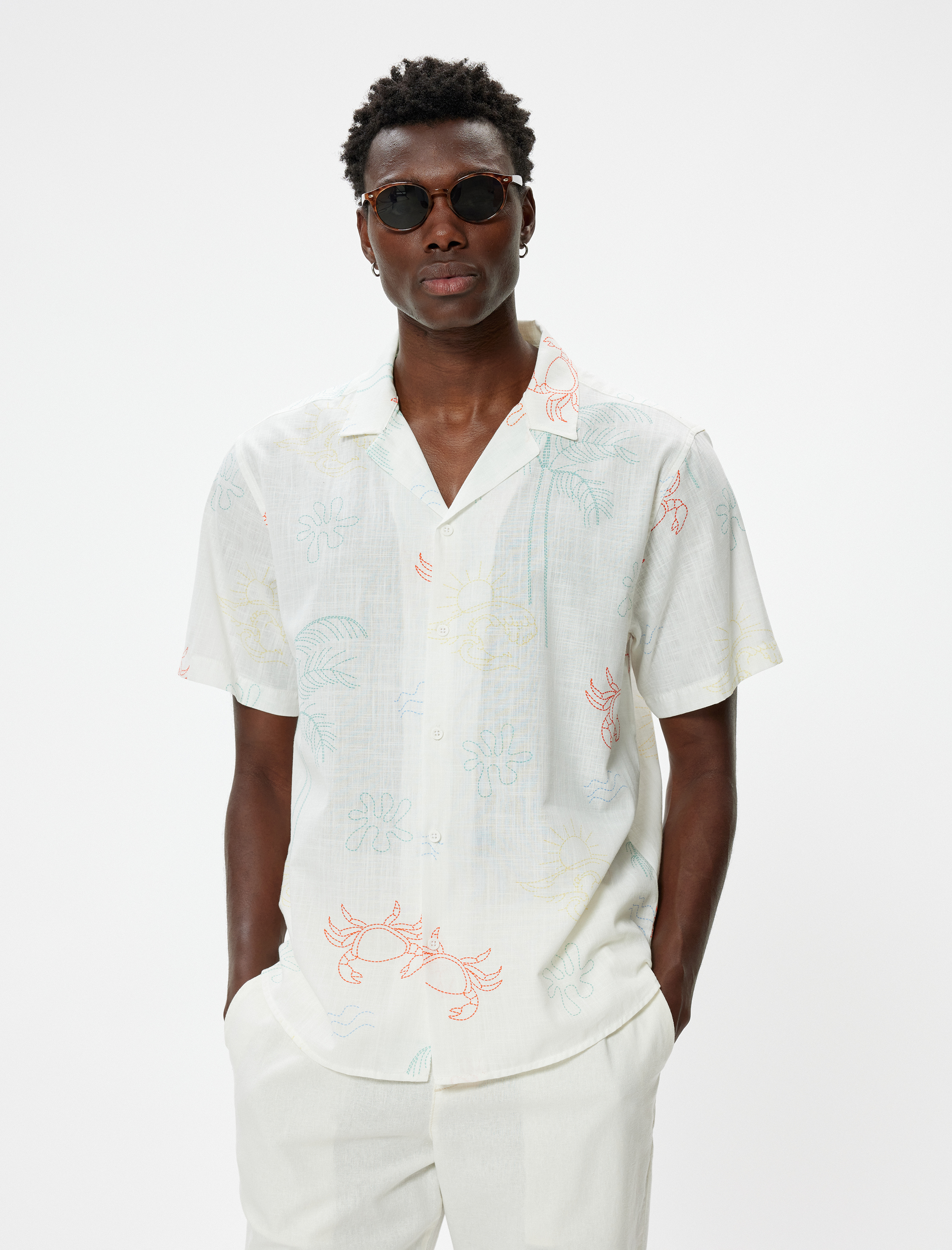   Palmiye Desenli Gömlek Kısa Kollu Pamuklu Regular Fit