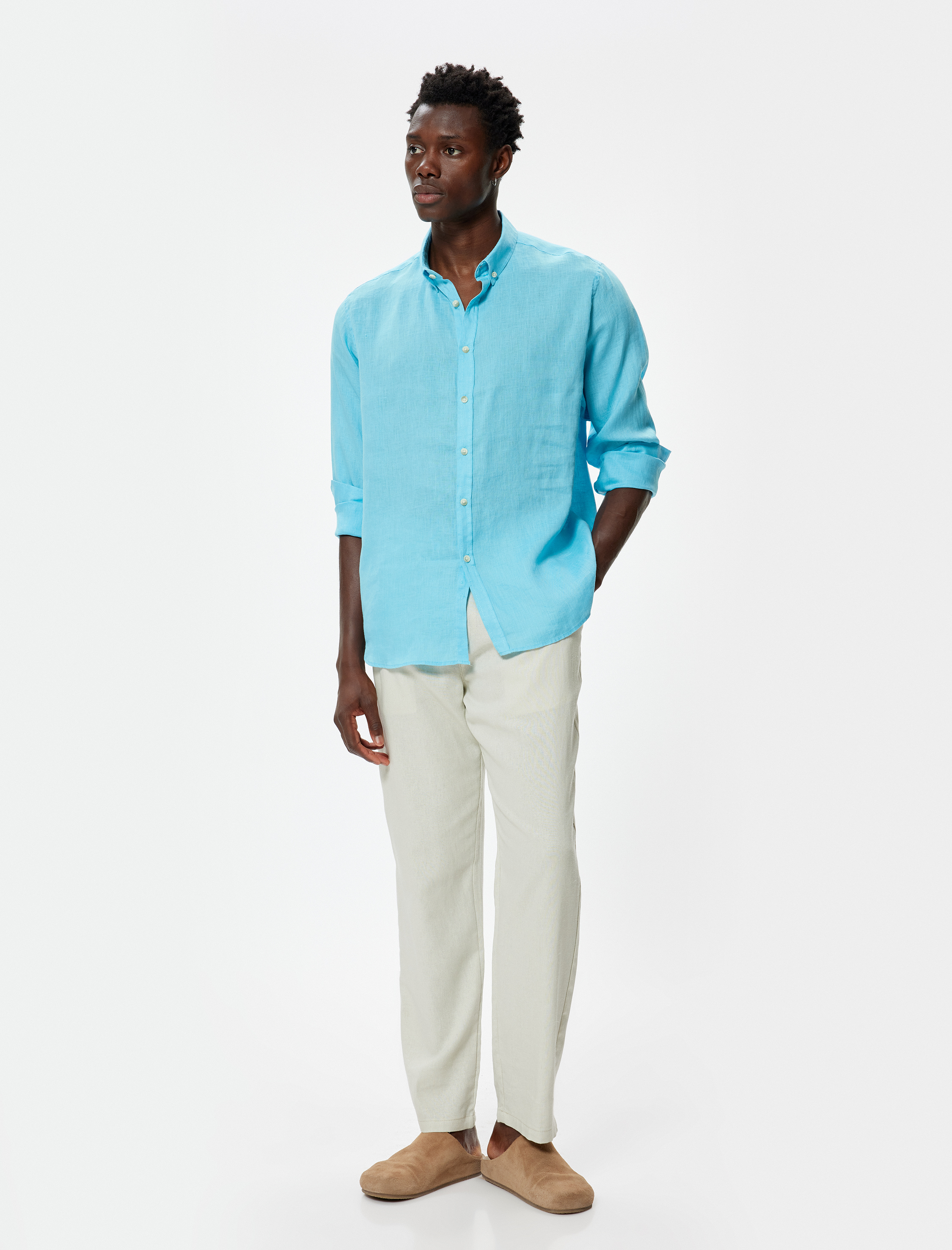   Keten Gömlek Klasik Yaka Uzun Kollu Düğmeli Regular Fit