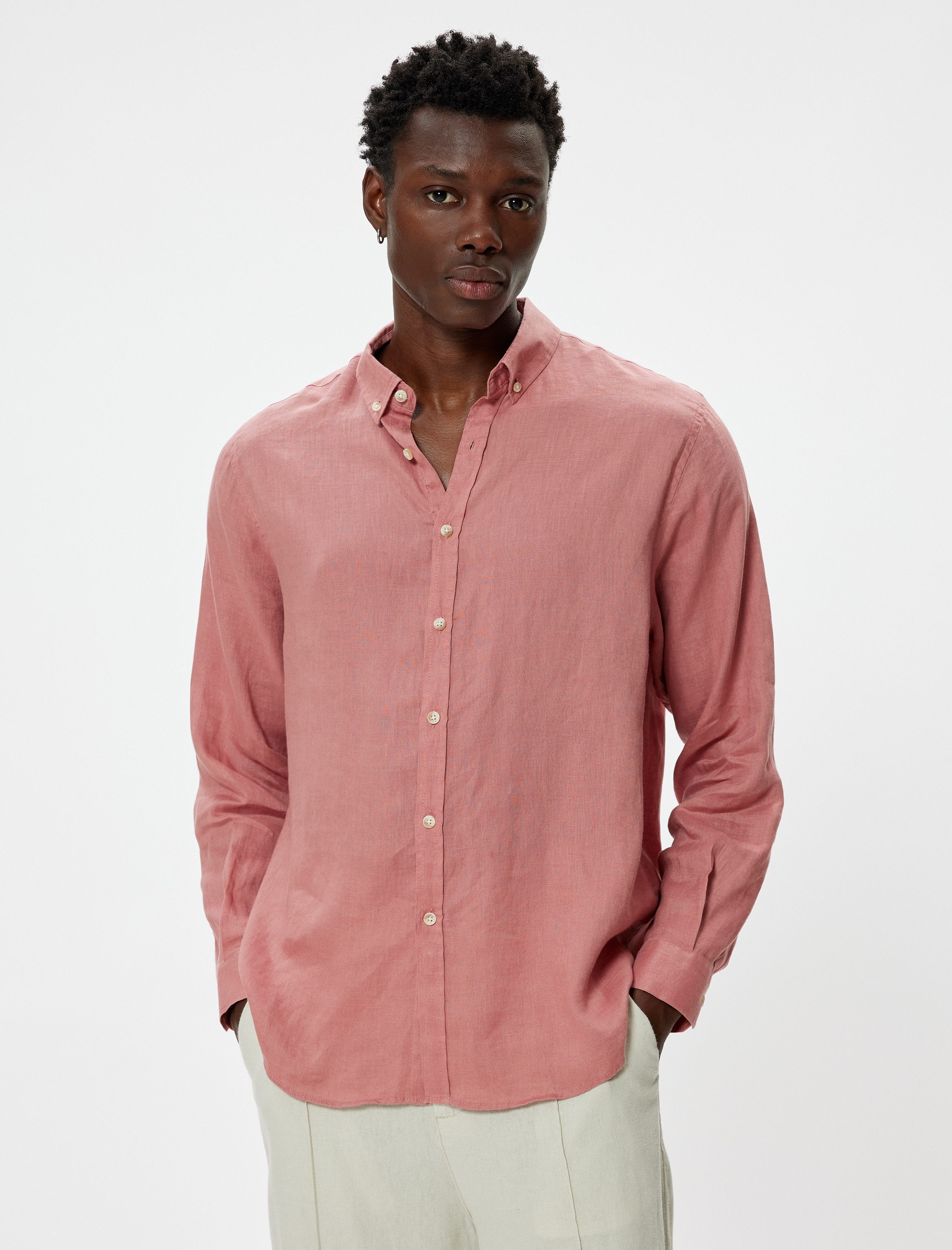   Keten Gömlek Klasik Yaka Uzun Kollu Düğmeli Regular Fit