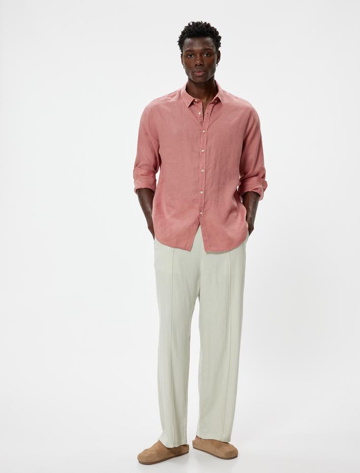  Keten Gömlek Klasik Yaka Uzun Kollu Düğmeli Regular Fit