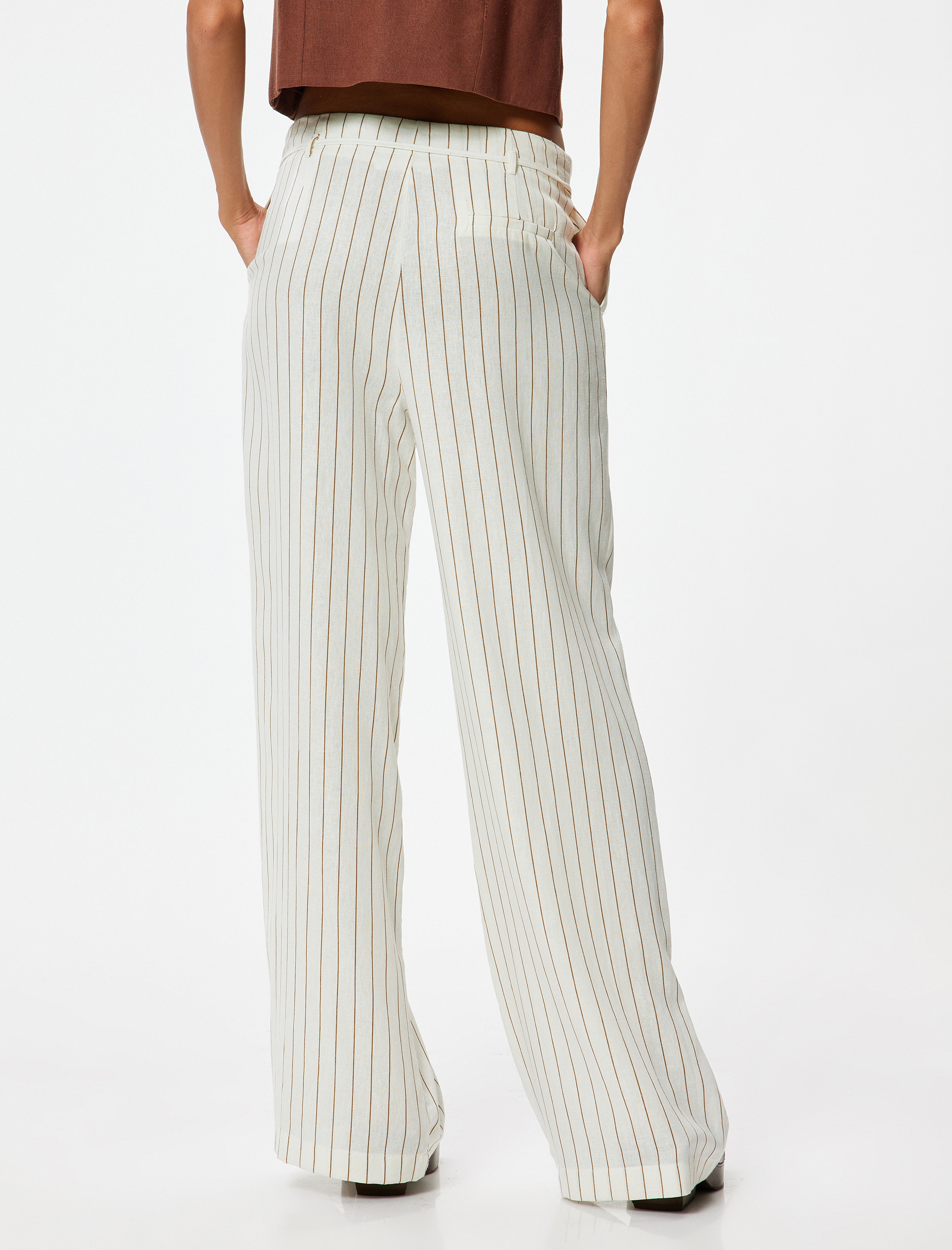   Bol Paça Pantolon Keten Karışımlı Beli Bağcıklı Cepli