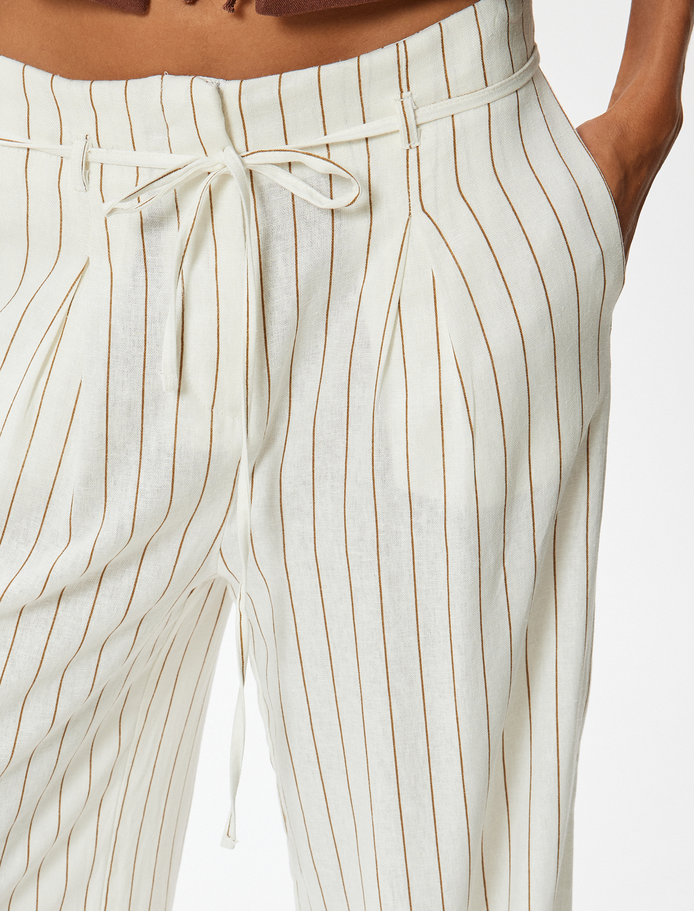   Bol Paça Pantolon Keten Karışımlı Beli Bağcıklı Cepli