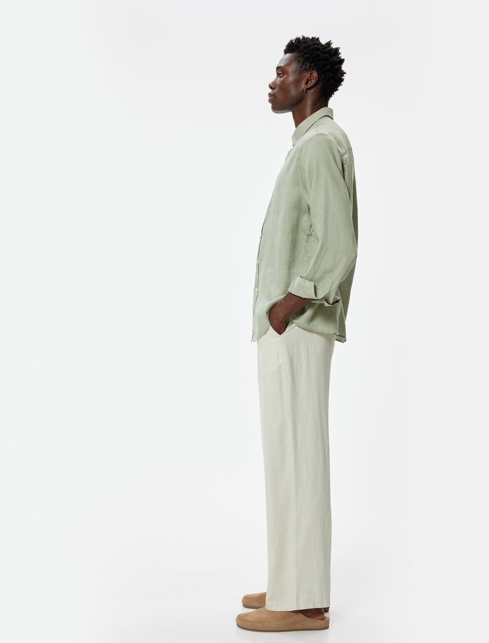  Keten Gömlek Klasik Yaka Uzun Kollu Düğmeli Regular Fit