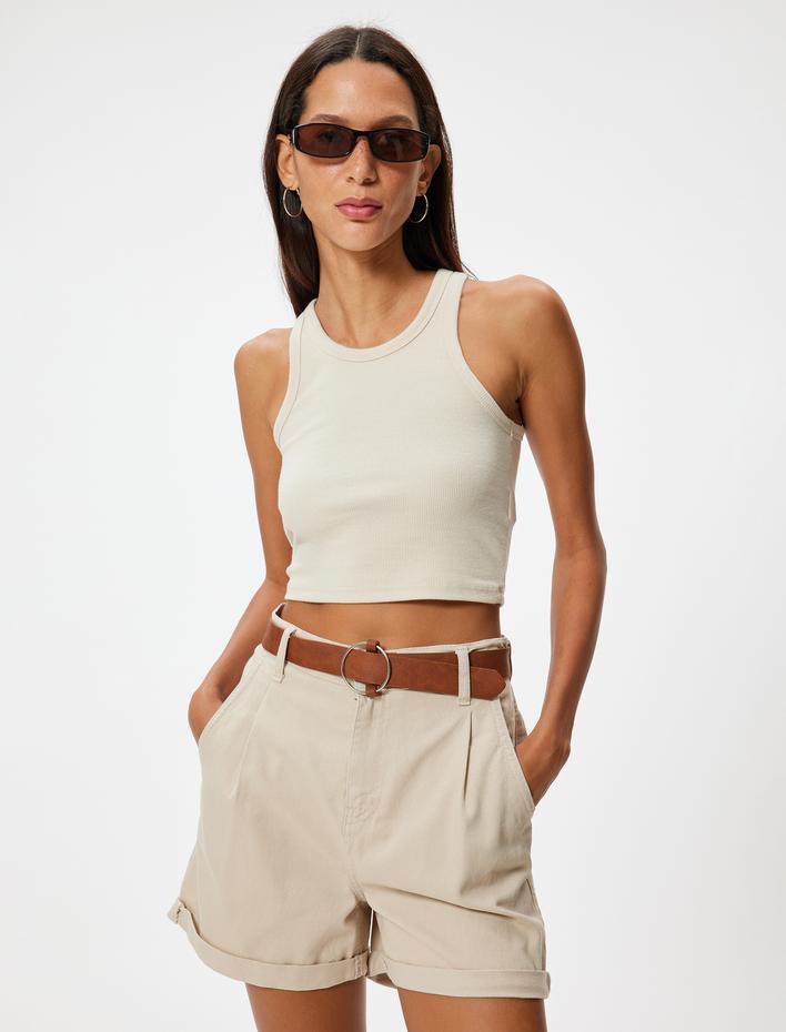  Mini Şort Yüksek Bel Kemerli Cep Detaylı Pamuklu Rahat Kesim