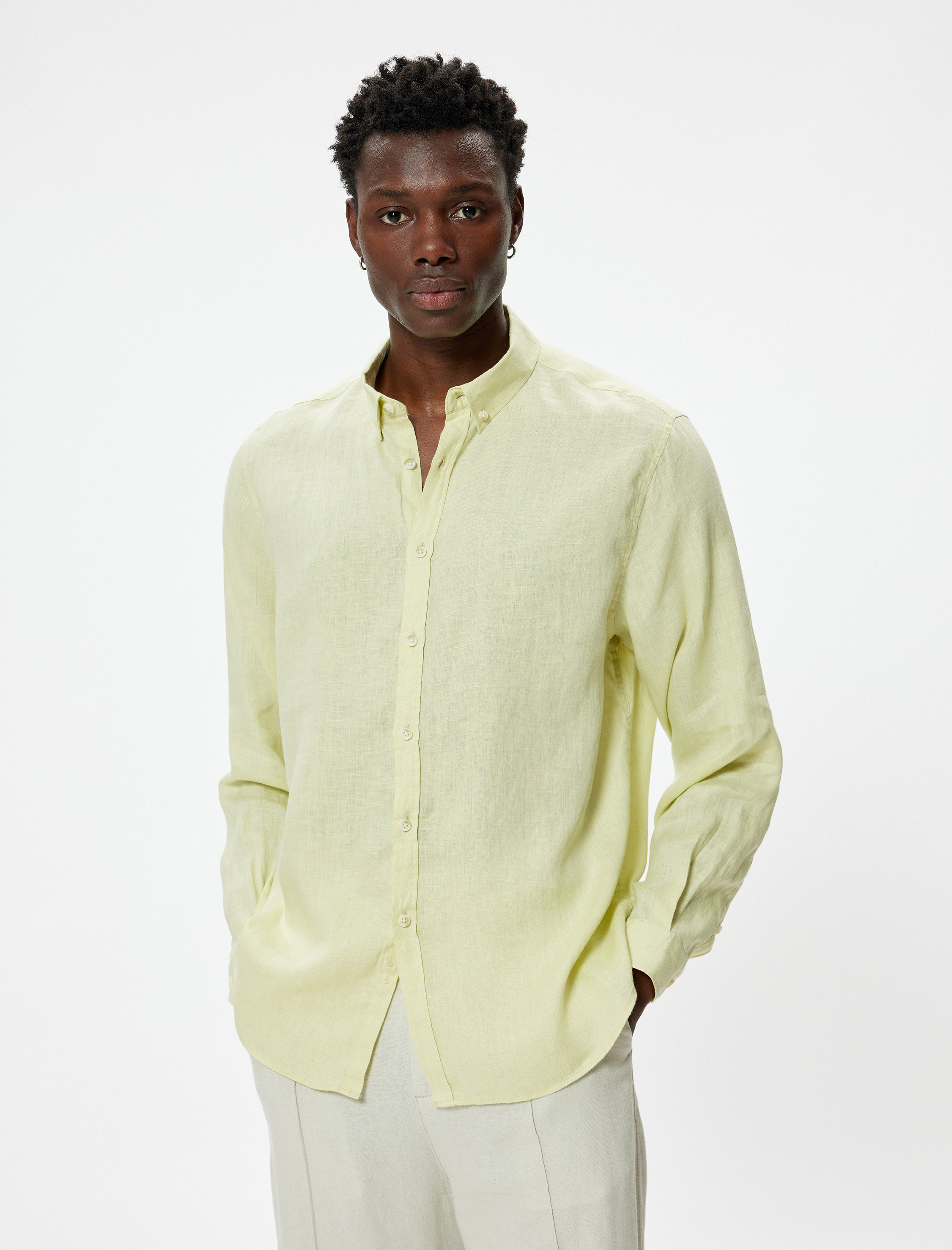   Keten Gömlek Klasik Yaka Uzun Kollu Düğmeli Regular Fit