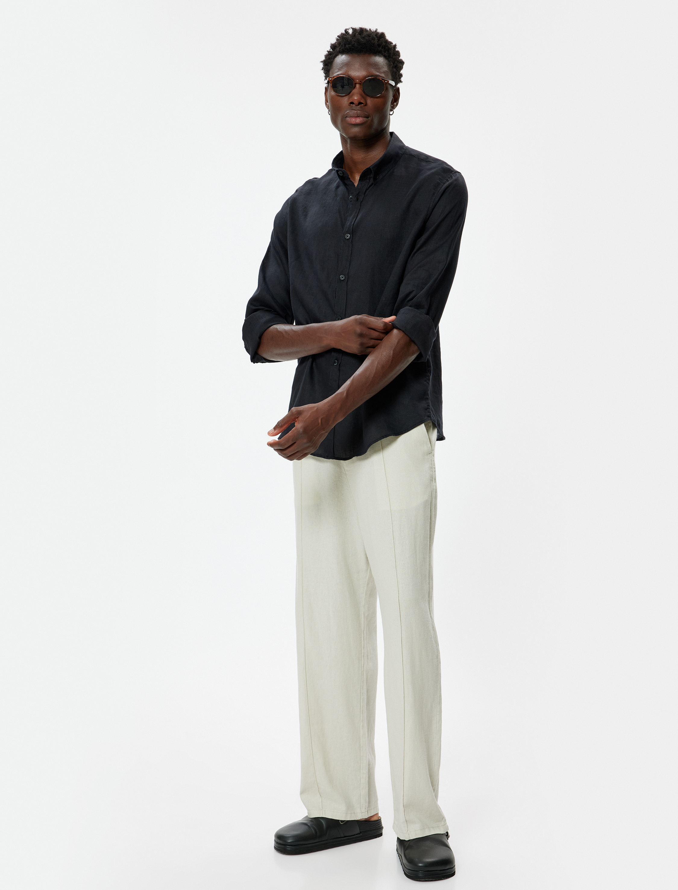   Keten Gömlek Klasik Yaka Uzun Kollu Düğmeli Regular Fit