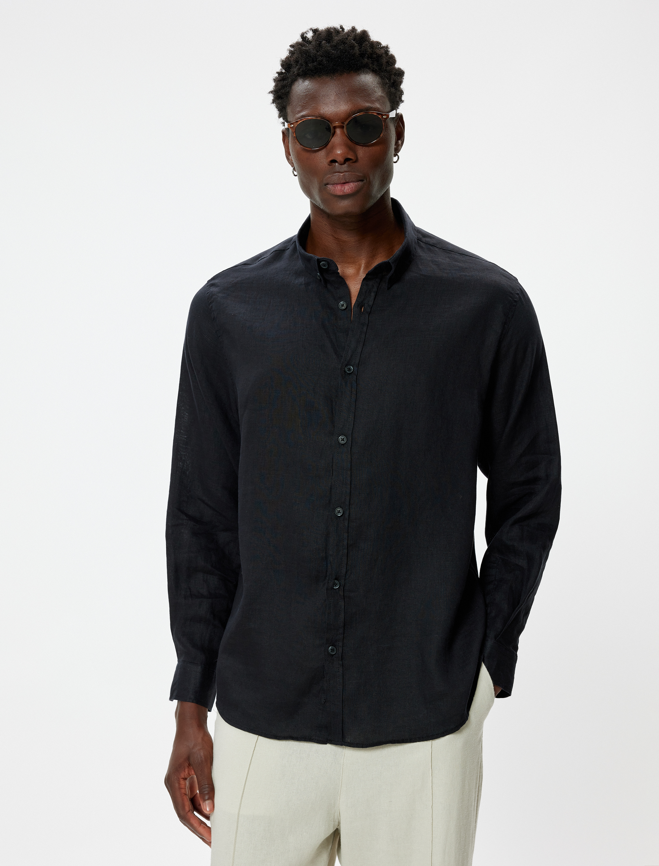   Keten Gömlek Klasik Yaka Uzun Kollu Düğmeli Regular Fit