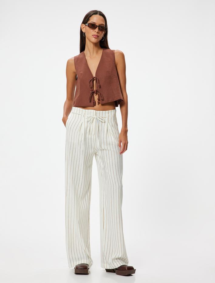  Bol Paça Pantolon Keten Karışımlı Beli Bağcıklı Cepli