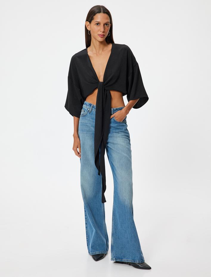  Crop Üst V Yaka Bağlama Detaylı Oversize