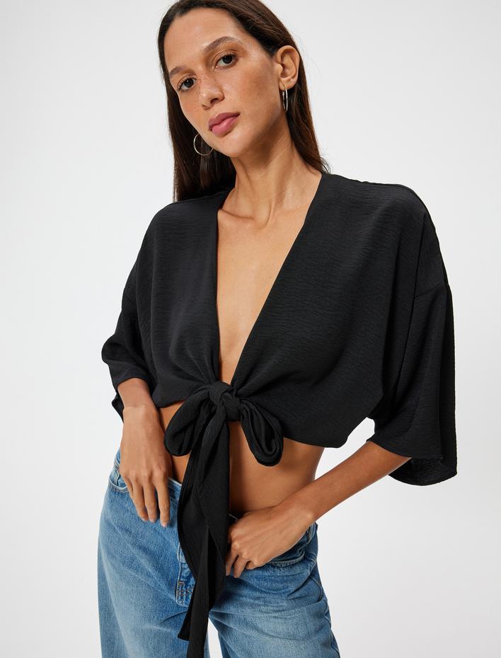  Crop Üst V Yaka Bağlama Detaylı Oversize Kimono Kol