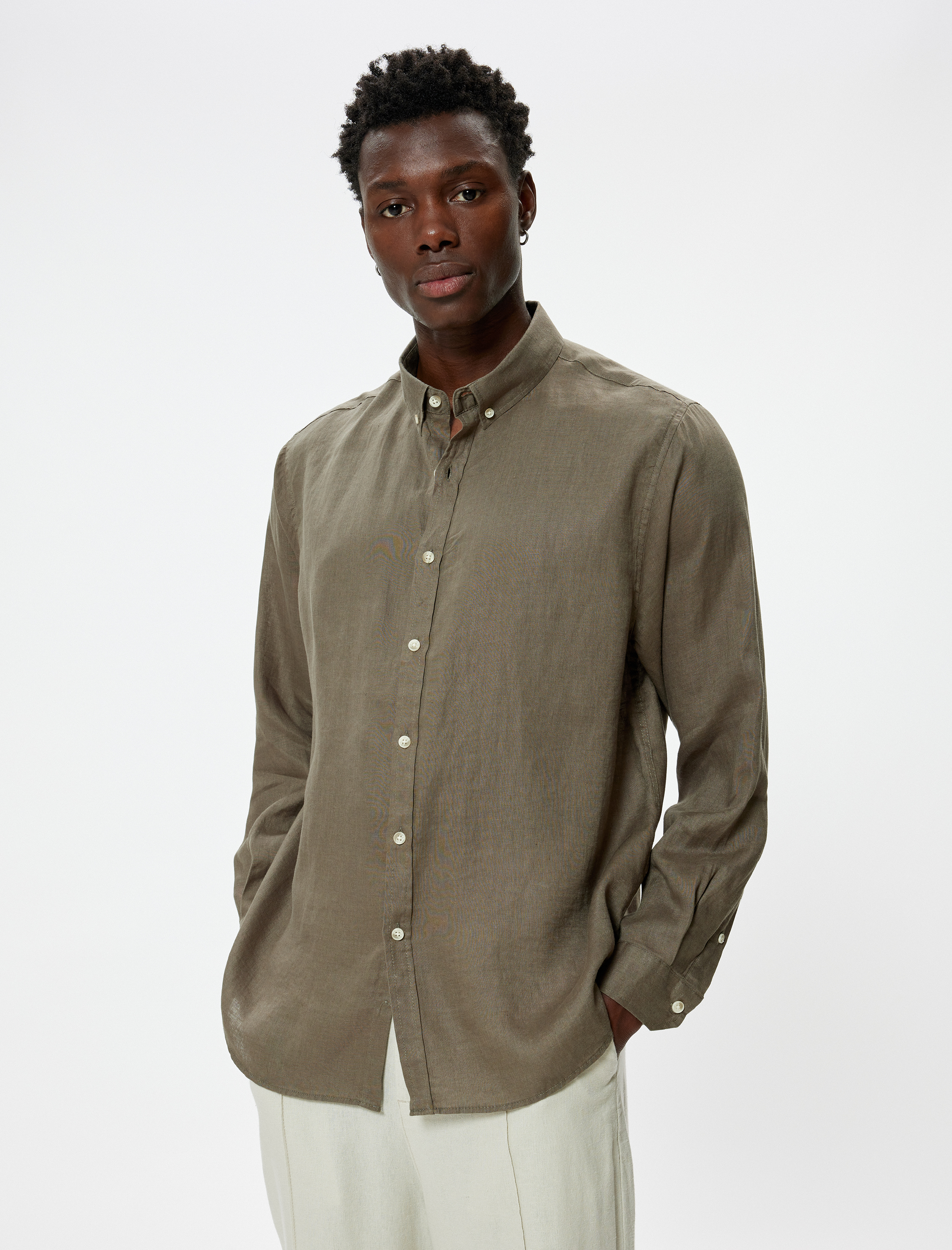 Keten Gömlek Klasik Yaka Uzun Kollu Düğmeli Regular Fit