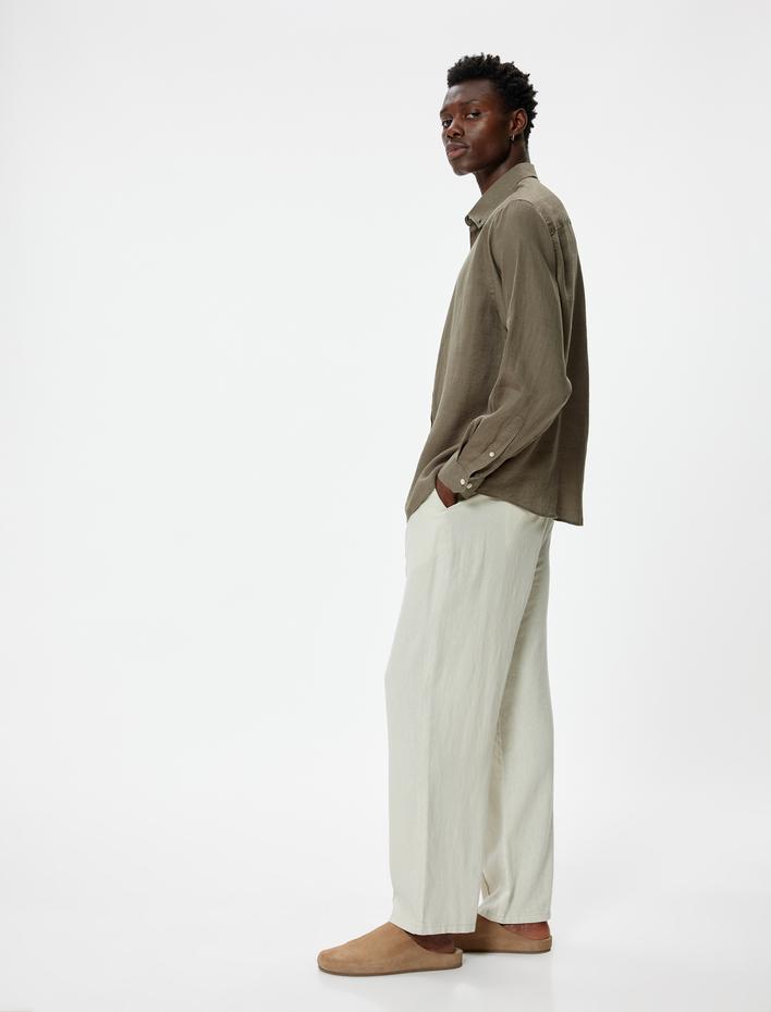  Keten Gömlek Klasik Yaka Uzun Kollu Düğmeli Regular Fit