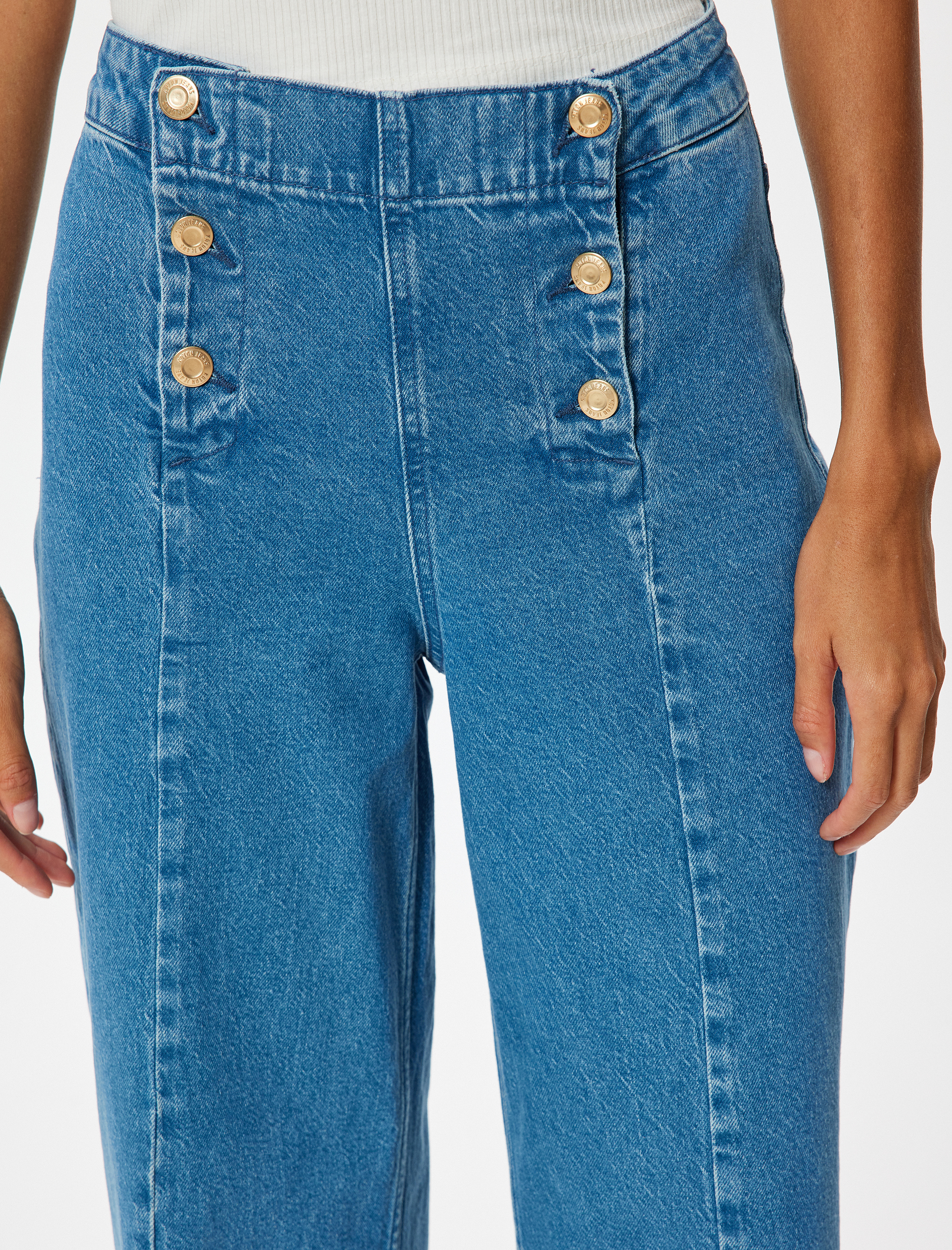   Yüksek Bel Geniş Paça Kot Pantolon Düğme Detaylı Culotte Jeans