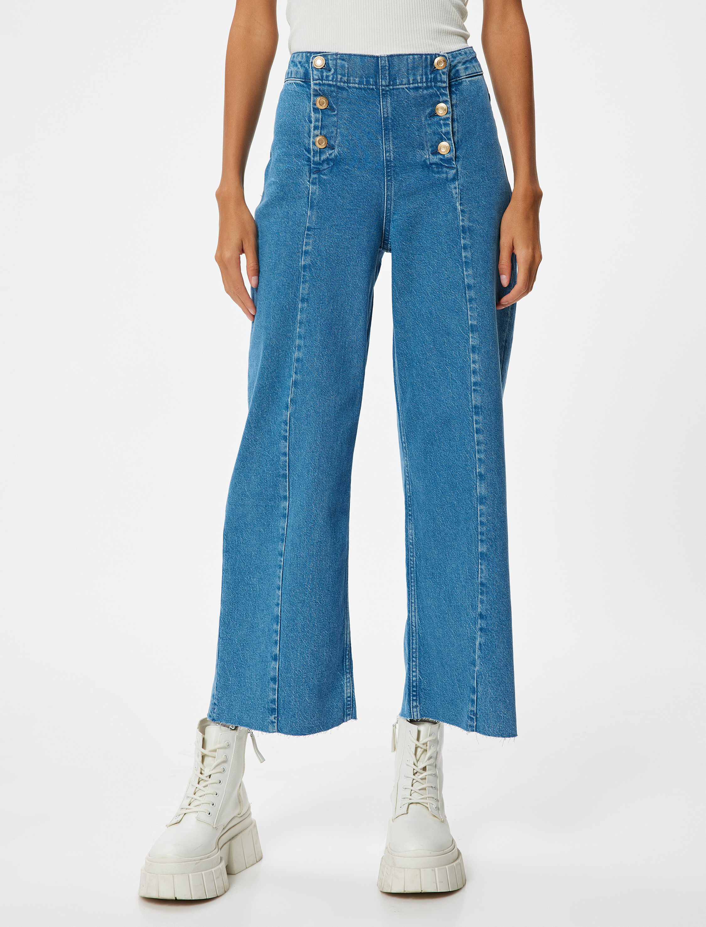   Yüksek Bel Geniş Paça Kot Pantolon Düğme Detaylı Culotte Jeans