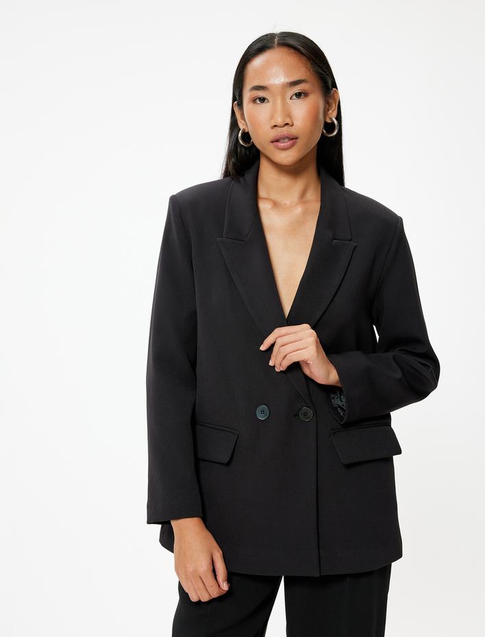  Kapaklı Cep Detaylı Kruvaze Oversize Blazer Ceket