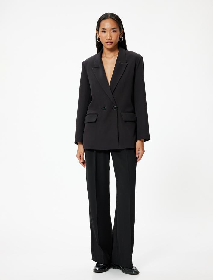  Kapaklı Cep Detaylı Kruvaze Oversize Blazer Ceket