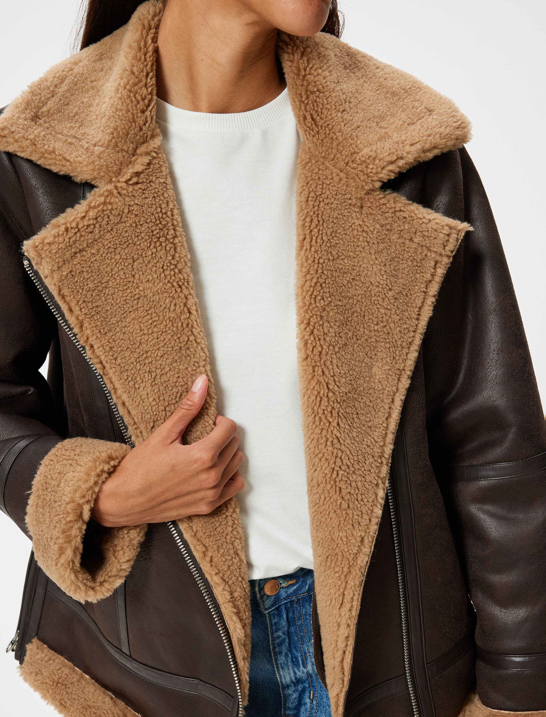 Suni Deri Biker Ceket Peluş Astarlı Fermuarlı Cep Detaylı