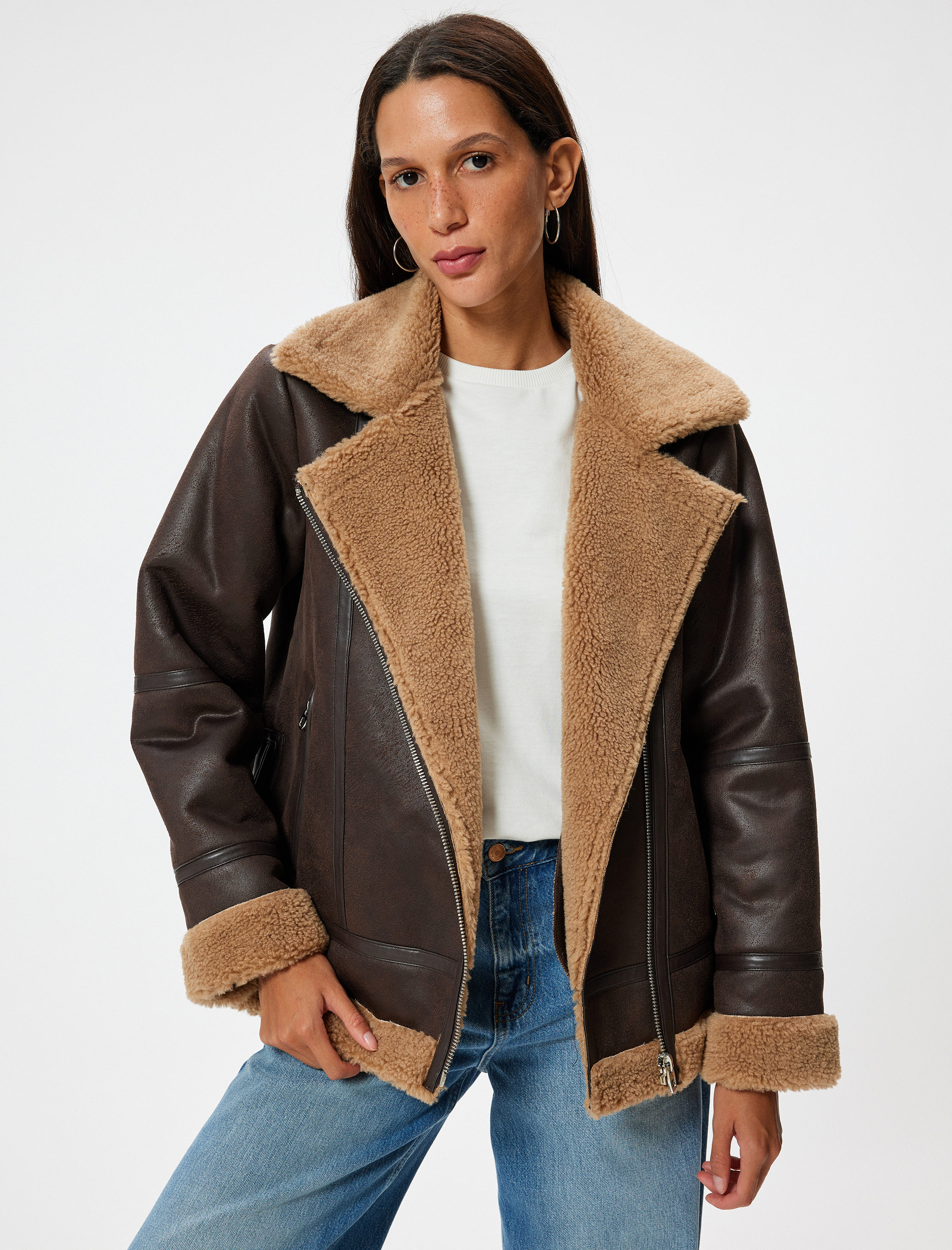 Suni Deri Biker Ceket Peluş Astarlı Fermuarlı Cep Detaylı