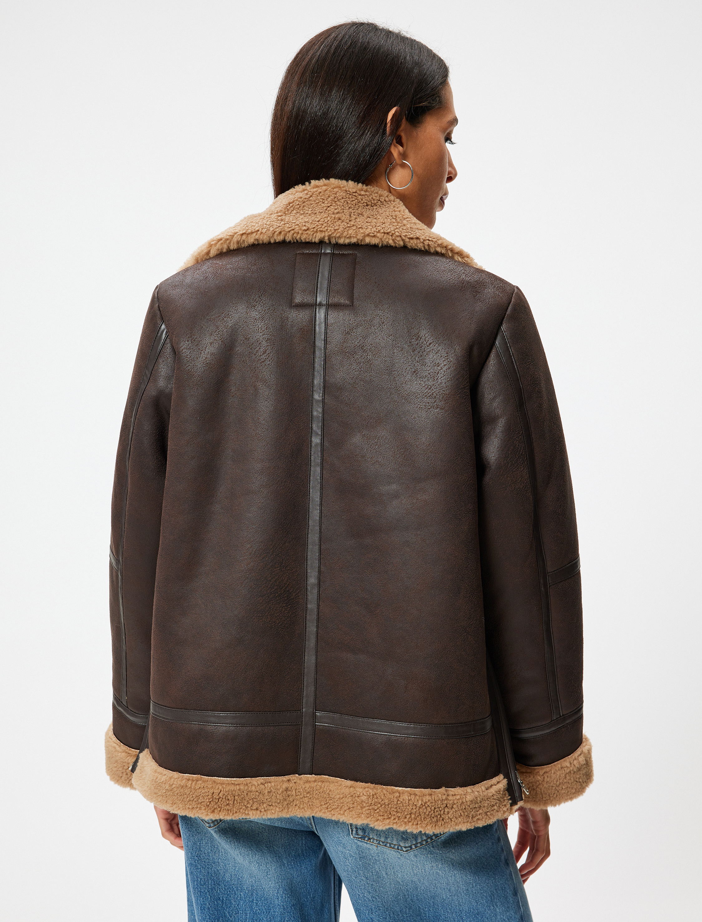 Suni Deri Biker Ceket Peluş Astarlı Fermuarlı Cep Detaylı