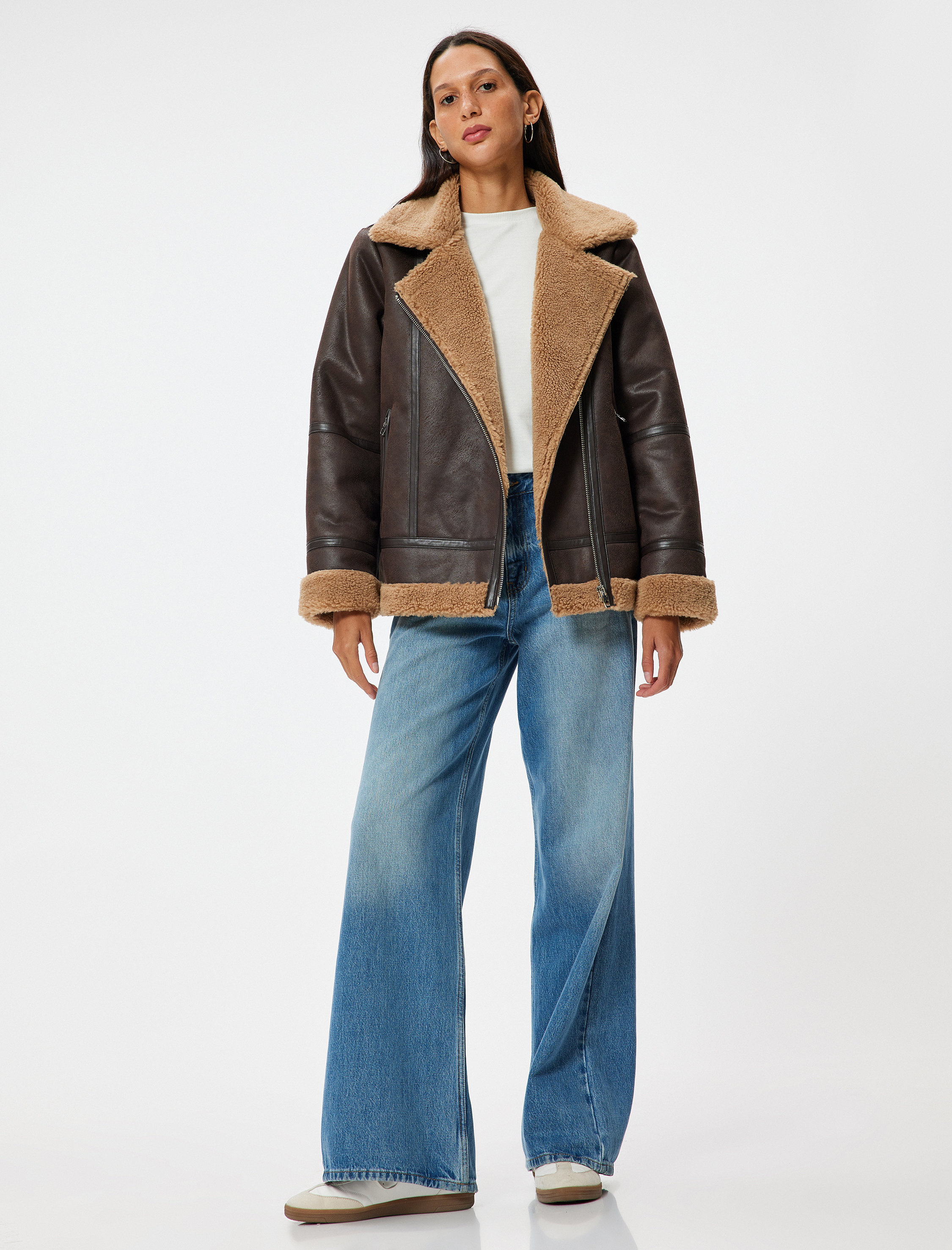 Suni Deri Biker Ceket Peluş Astarlı Fermuarlı Cep Detaylı