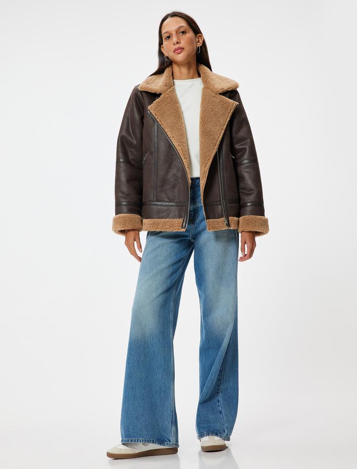  Suni Deri Biker Ceket Peluş Astarlı Fermuarlı Cep Detaylı