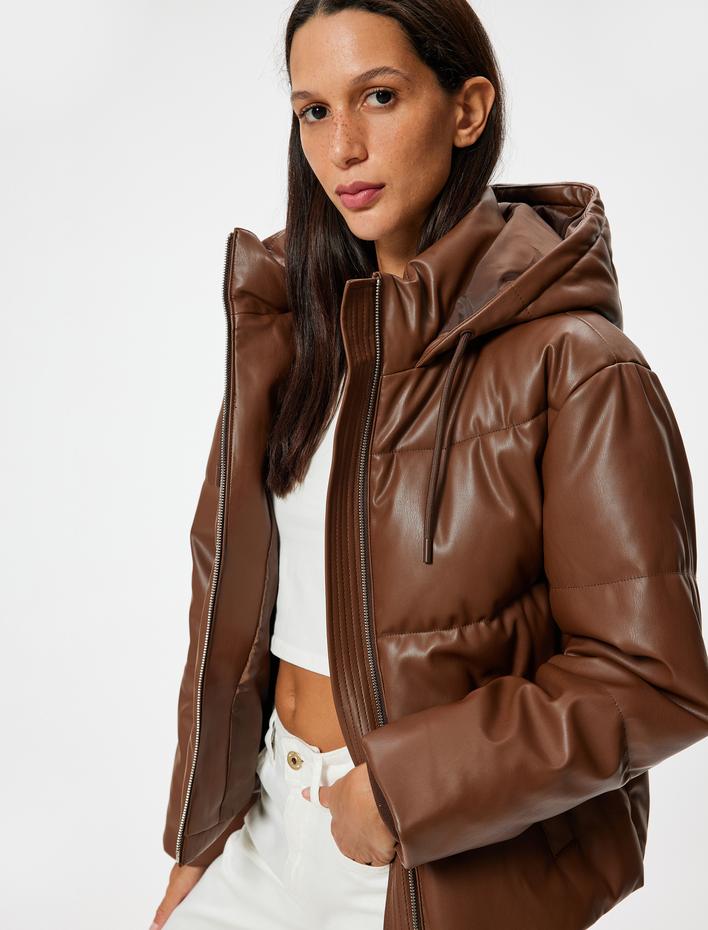  Şişme Mont Deri Görünümlü Kapüşonlu Fermuarlı Cep Detaylı