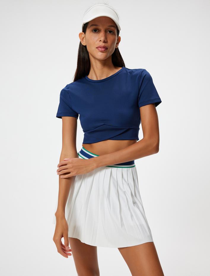  Crop Spor Tişört Slim Fit Bisiklet Yaka Katlı Kısa Kollu