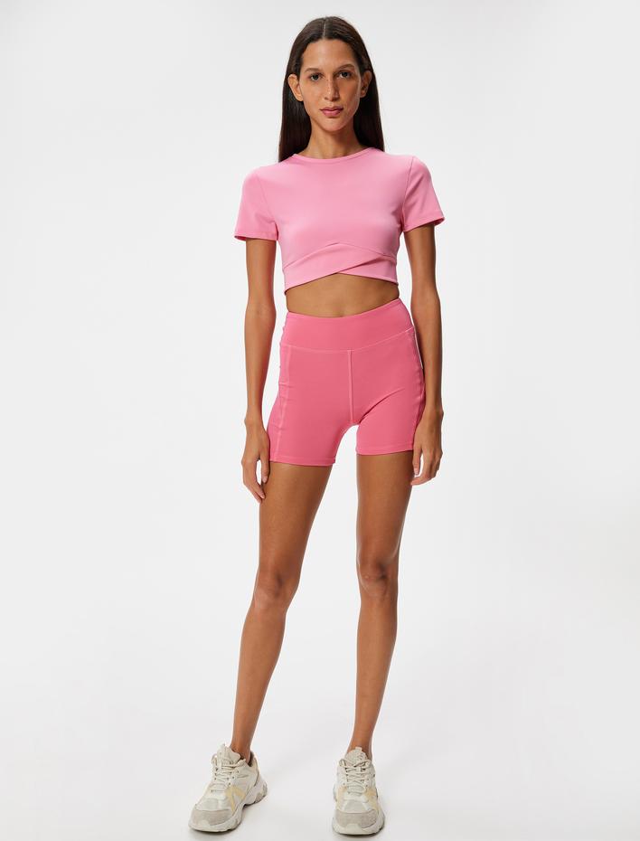  Crop Spor Tişört Slim Fit Bisiklet Yaka Katlı Kısa Kollu