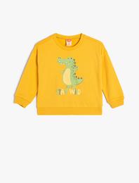 Sweatshirt Dinozor Baskılı Uzun Kollu Bisiklet Yaka Pamuklu Şardonlu