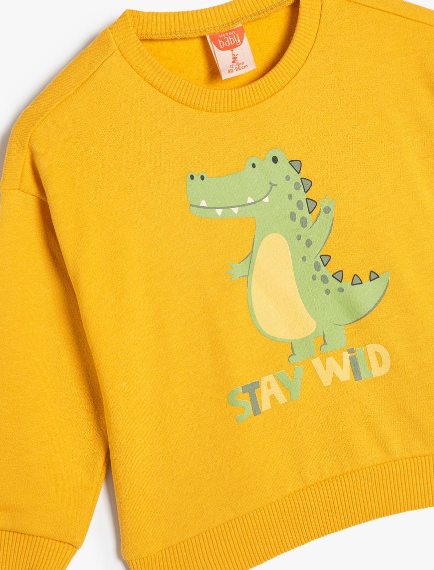  Erkek Bebek Sweatshirt Dinozor Baskılı Uzun Kollu Bisiklet Yaka Pamuklu Şardonlu