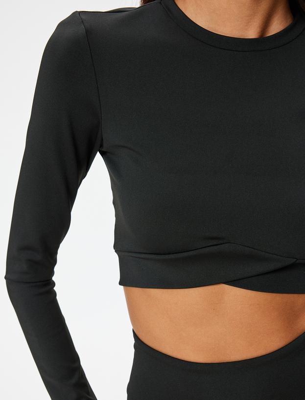 Crop Spor Tişört Slim Fit Bisiklet Yaka Katlı Uzun Kollu_4