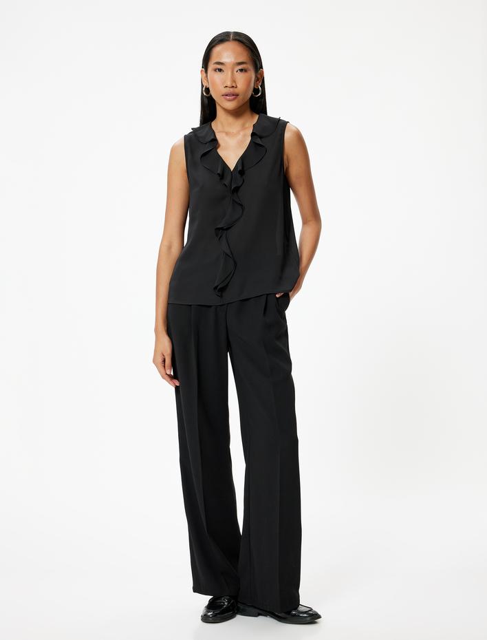  Kolsuz Fırfırlı Şifon Bluz V Yaka