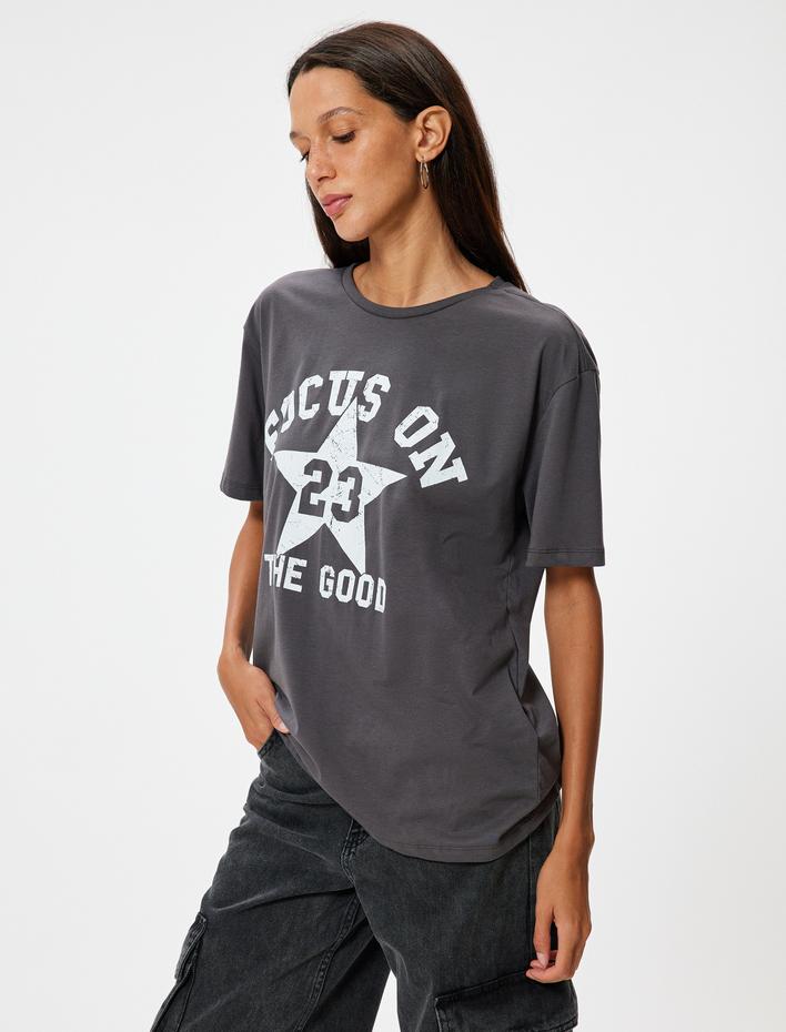  Oversize Tişört Kolej Baskılı Bisiklet Yaka Kısa Kollu Pamuklu