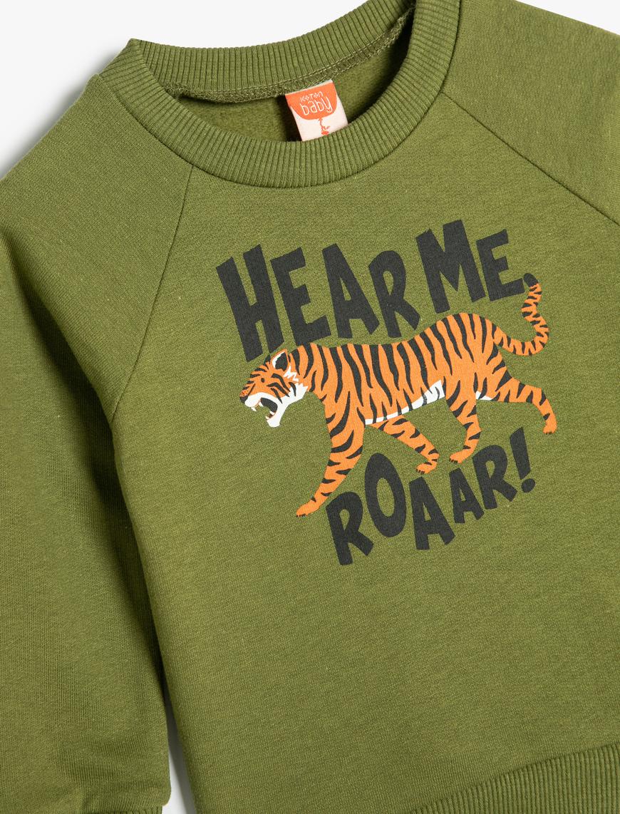  Erkek Bebek Sweatshirt Aslan Baskılı Uzun Kollu Bisiklet Yaka Pamuklu