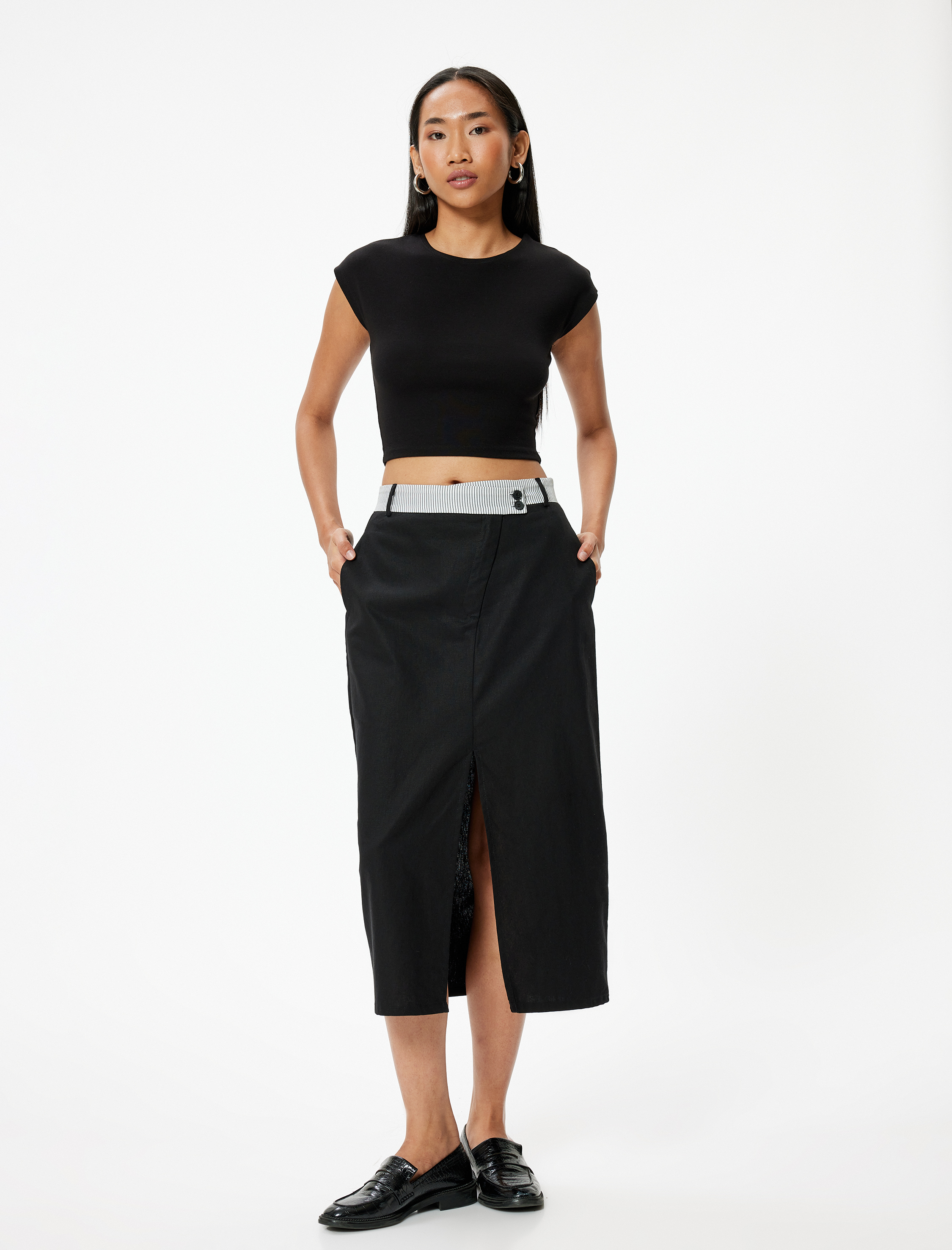   Midi Boy Keten Kalem Etek Önden Yırtmaç Detaylı Beli Kontrast Detaylı Slim Fit